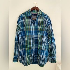 Tommy Bahama blue and green plaid flannel button down shirt.